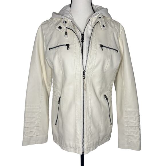 Springrain White Faux Leather Moto Jacket Womens Medium Hooded Biker Style - Picture 1 of 10